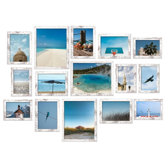 Meframe 15 PACK Wooden Collage Picture Frame Set, Wall and Tabletop Display Photo Frames, Multiple Sizes Including 8x10, 5x7, 4x6, Frosted White