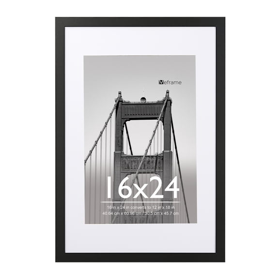 Meframe 16x24 Wooden Picture Frame, Matted to 12x18 Wall Poster Frame, Black