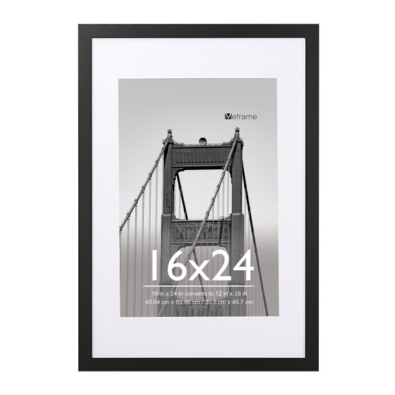 Meframe 16x24 Wooden Picture Frame, Matted to 12x18 Wall Poster Frame, Black