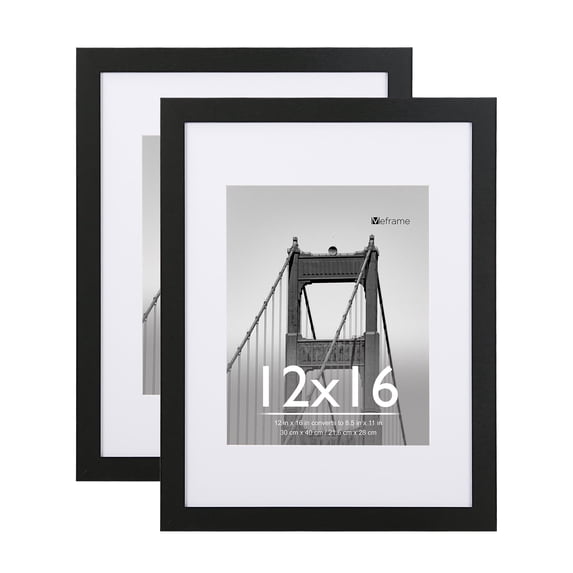 Meframe 2PACK 12x16 Wooden Picture Frame, Matted to 8.5x11 Wall Photo Frame, Black