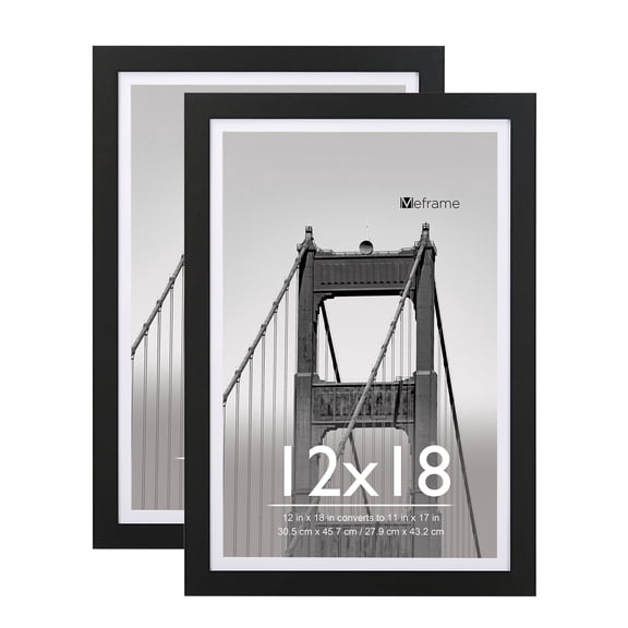 Meframe 2PACK 12x18 Wooden Picture Frame, Matted to 11x17 Wall Photo Frame, Black