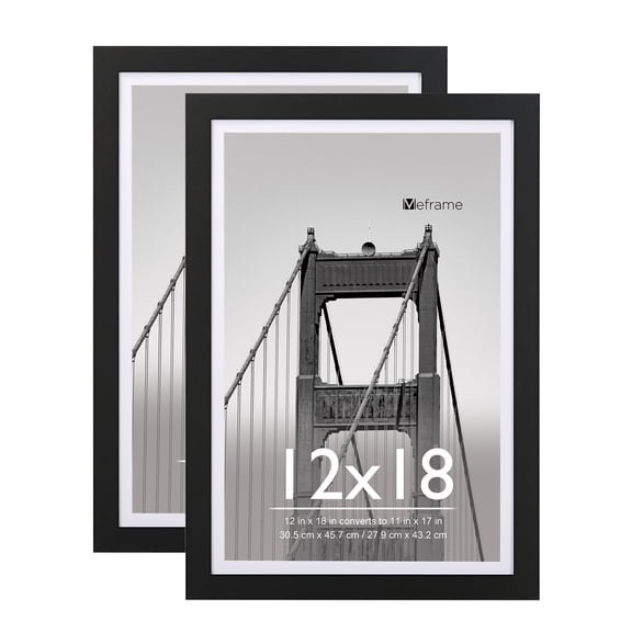 Meframe 2PACK 12x18 Wooden Picture Frame, Matted to 11x17 Wall Photo Frame, Black