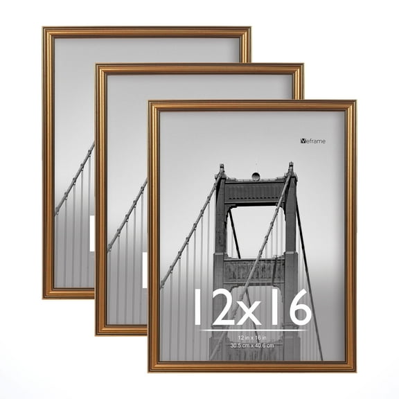 Meframe 3 PACK 12x16 Wall Picture Frame, Linear Picture Frame, Hanging Display 12x16 Photo, Gold