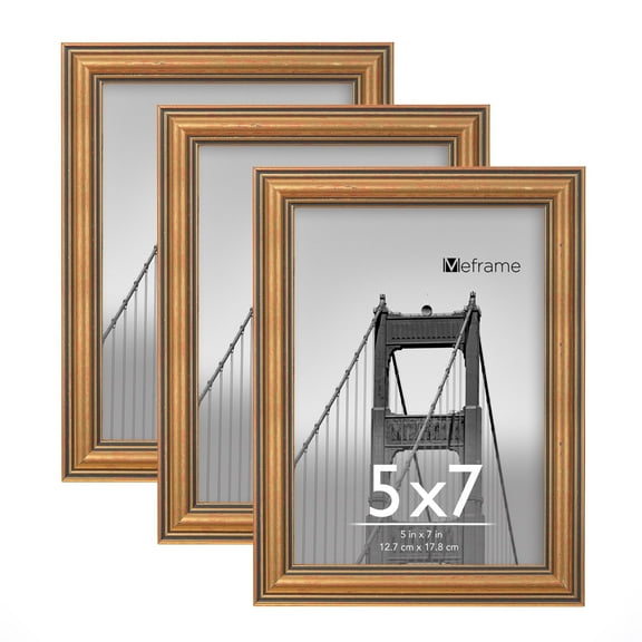 Meframe 3 PACK 5x7 Tabletop Picture Frame, linear picture frame, Hanging or Tabletop Display 5x7 Photo, Gold