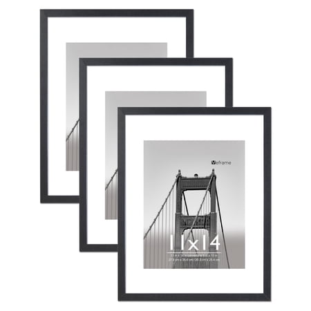Meframe 3PACK 11x14 Wooden Picture Frame with Mat Display 8x10 Photo without Mat Display 11x14 Photo, Black