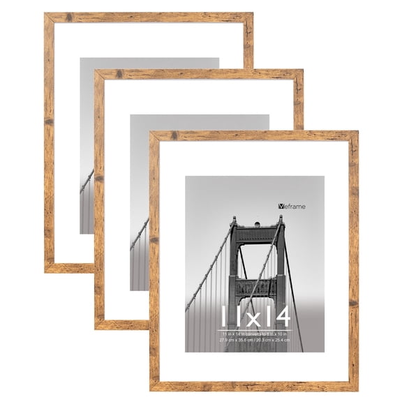 Meframe 3PACK 11x14 Wooden Picture Frame with Mat Display 8x10 Photo without Mat Display 11x14 Photo, Brown