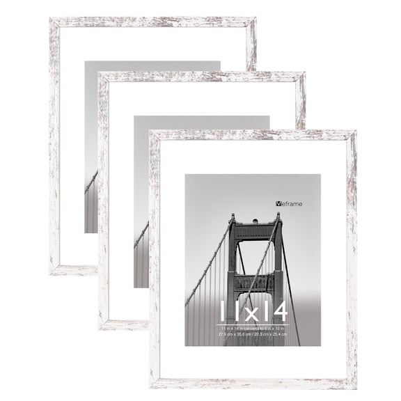 Meframe 3PACK 11x14 Wooden Picture Frame with Mat Display 8x10 Photo without Mat Display 11x14 Photo, Frosted White
