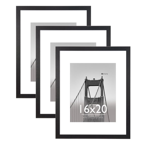 Meframe 3PACK 16x20 Wooden Picture Frame Set, Matted to 11x14 Wall Poster Frame, Black