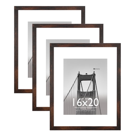 Meframe 3PACK 16x20 Wooden Picture Frame Set, Matted to 11x14 Wall Poster Frame, Brown