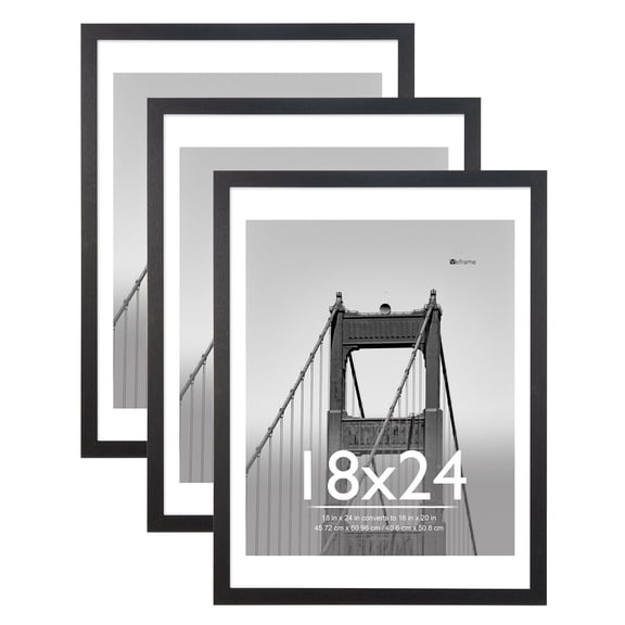 Meframe 3PACK 18x24 Wooden Picture Frame Set, Matted to 16x20 Wall Poster Frame, Black