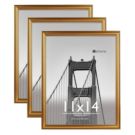 Meframe 3Pack 11x14 Wall Picture Frame, Linear Photo Frame, Hanging Display 11x14 Photo, Gold
