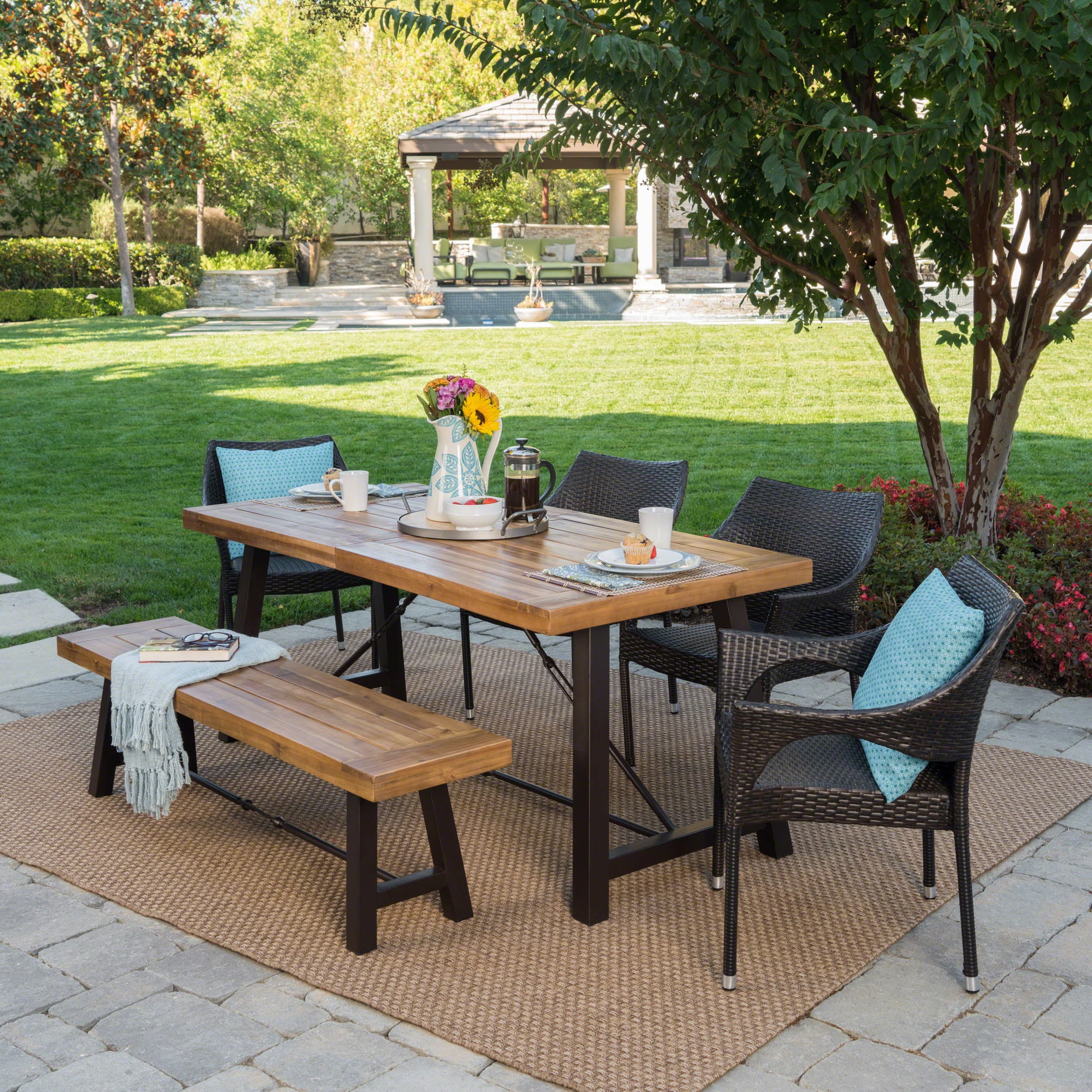 Meg Outdoor 6 Piece Acacia Wood Dining Set with Wicker Stacking Chairs, Teak Finish, Multibrown Sansujyuku sansujyuku.com