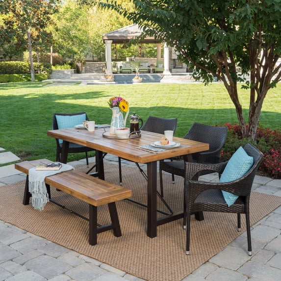 Meg Outdoor 6 Piece Acacia Wood Dining Set with Wicker Stacking Chairs, Teak Finish, Multibrown