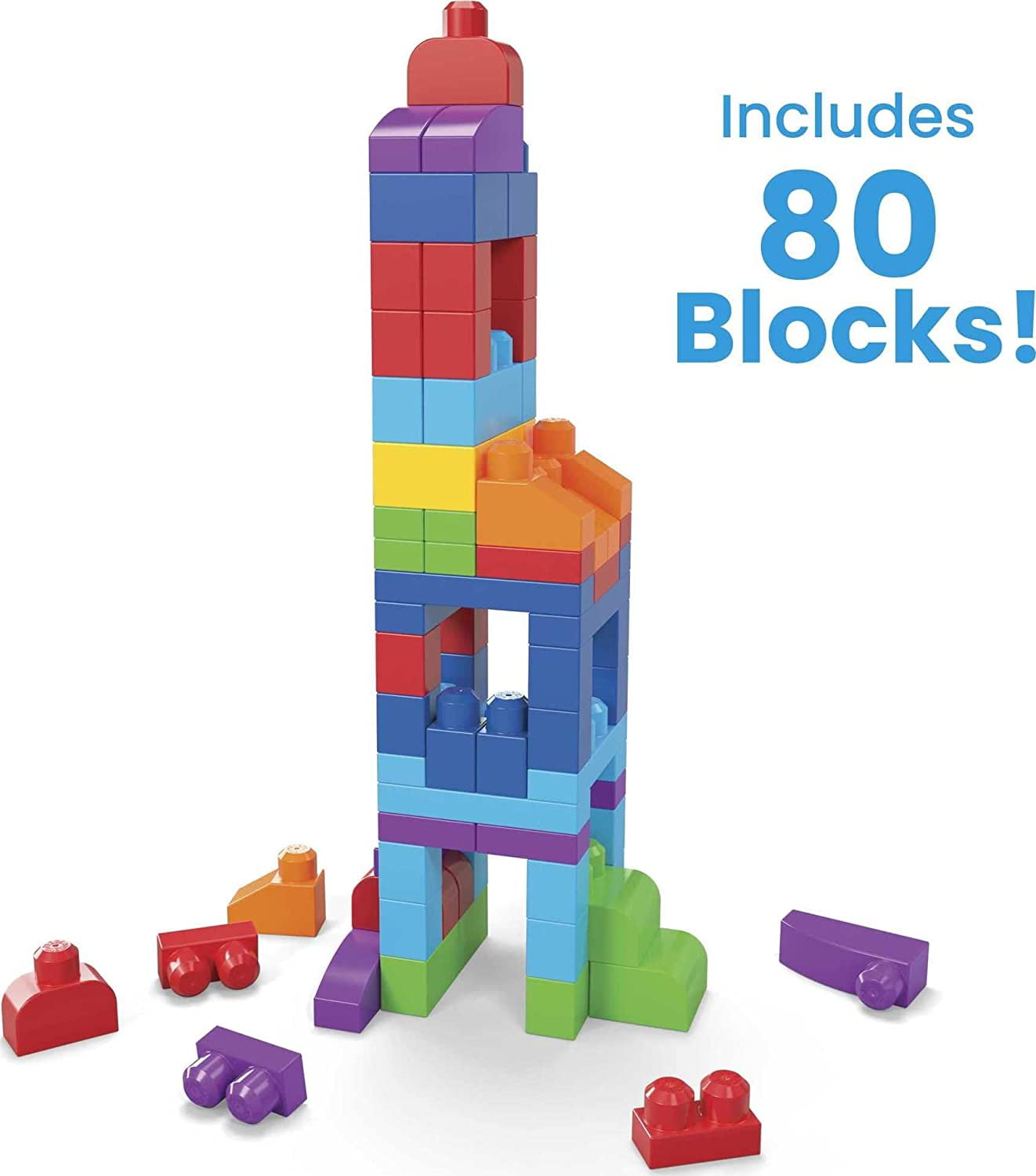 Mega Bloks First Builders Big Building Bag with Big Building Blocks, Building Toys for Toddlers (80 Pieces) - Blue Bag, 3-5 years