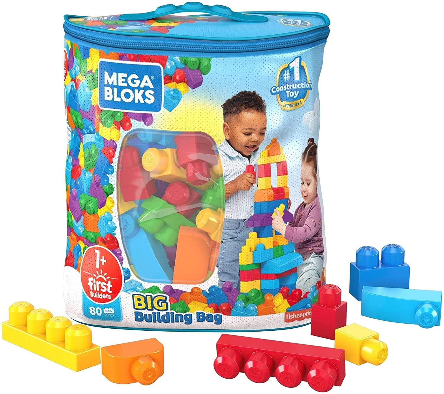 Mega Bloks First Builders Big Building Bag with Big Building Blocks,  Building Toys for Toddlers (80 Pieces) - Blue Bag