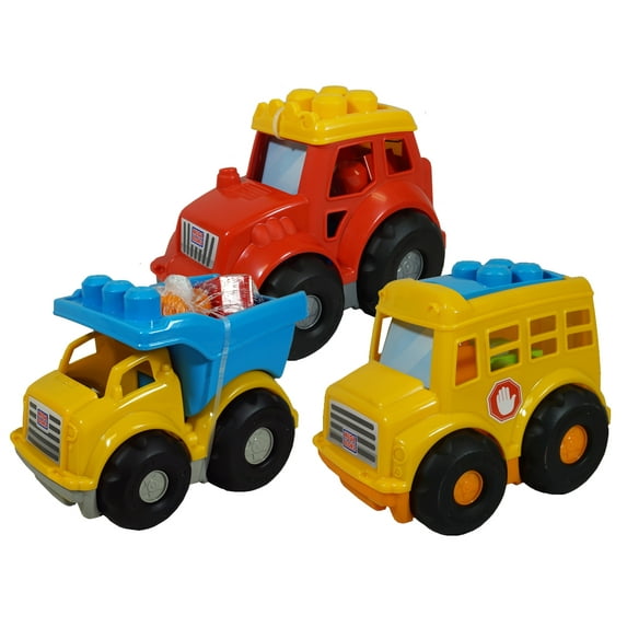Mega Bloks Set of 3 Vehicles-Dump Truck, Tractor, School Bus