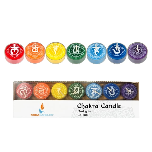 Mega Candles 14 pcs Unscented Tea Lights Chakra Candles, Hand Poured Premium Wax Candle 4 Hours 1.5 Inch x 1 Inch, 100% Cotton Wick, Promotes Positive Energy, Meditation, Relaxation, Reiki, Yoga