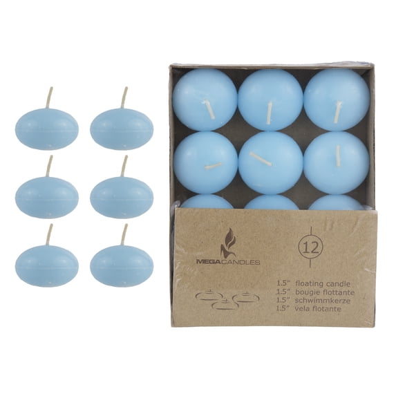Mega Candles - Unscented 1.5 Inch Floating Round Disc Candles - Light Blue, Set of 12