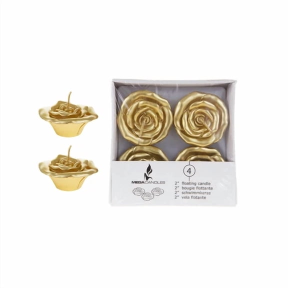 Mega Candles - Unscented 2 Floating Flower Candles - Gold, Set Of 4