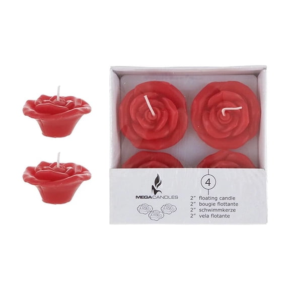 Mega Candles - Unscented 2 Floating Flower Candles - Red, Set Of 4