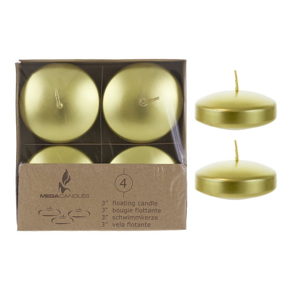 Mega Candles - Unscented 3" Floating Round Disc Candles - Gold, Set of 4