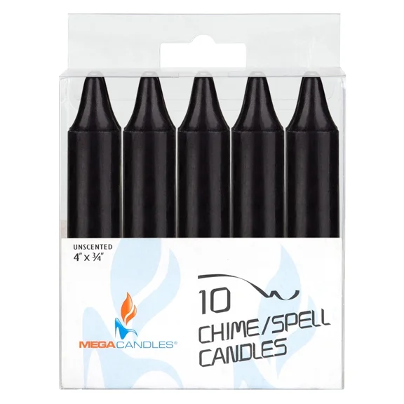 Mega Candles Unscented Black 4" X 3/4 Chime Spell Taper Candles, Set Of 10