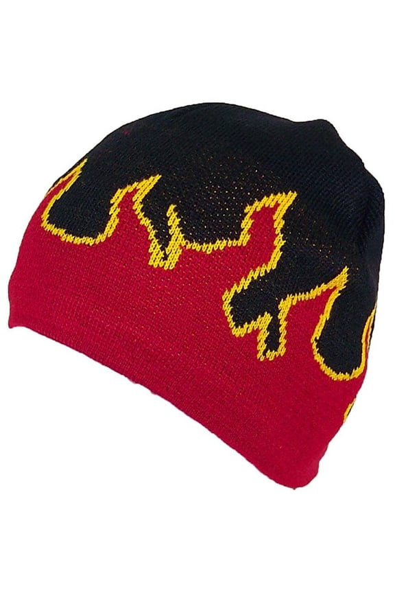 Adult Flames Design Beanie Skull Cap W/Fleece Lining - Black/Red