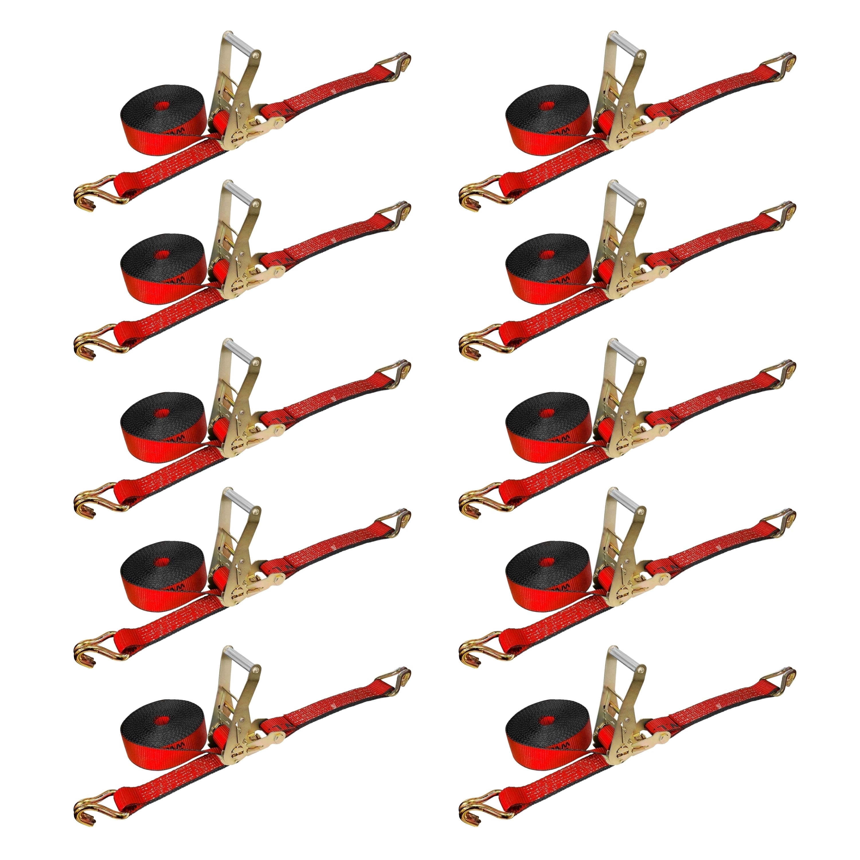 Mega Cargo Control 10 Pack Heavy Duty Ratchet Straps with Wire J Hooks, 2" x 30' Cargo Tie Down Straps, 10,000 lb Breaking Strength, Trailer & Flatbed Load Securement, Red