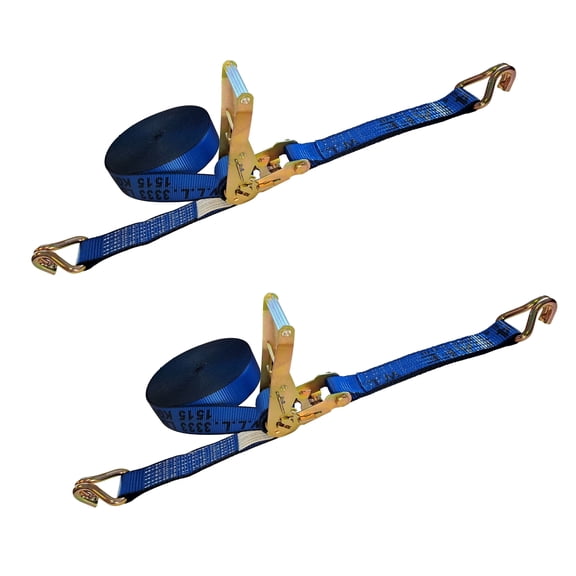 Mega Cargo Control 2 Pack Heavy Duty Ratchet Straps with Wire J Hooks, 2" x 30' Cargo Tie Down Straps, 10,000 lb Breaking Strength, Trailer & Flatbed Load Securement, Blue