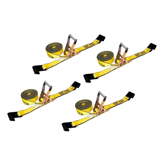 Mega Cargo Control 4 Pack Heavy Duty 2" x 30' Ratchet Tie Down Strap W/ Flat Hook WLL: 3333 lbs Yellow