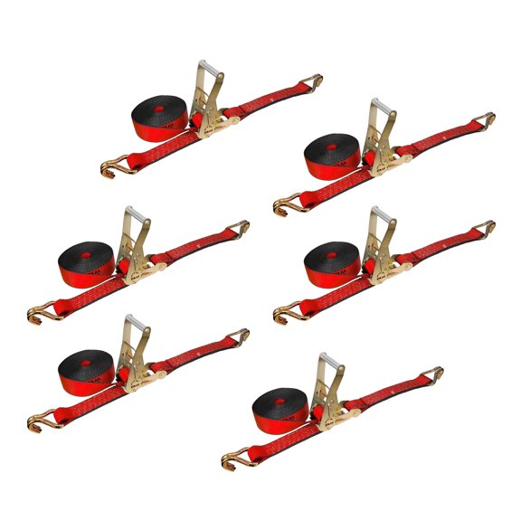 Mega Cargo Control USA 6-pack Heavy Duty 2" x 30' Ratchet Strap J Hook Flatbed Truck Farm Tie Down, 3333 lbs Wll, Red