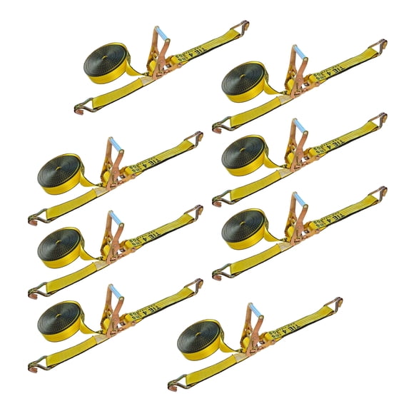 Mega Cargo Control 8 Pack Heavy Duty 2" x 30' Ratchet Tie Down Strap W/ Wire J Hook WLL: 3333 lbs Yellow