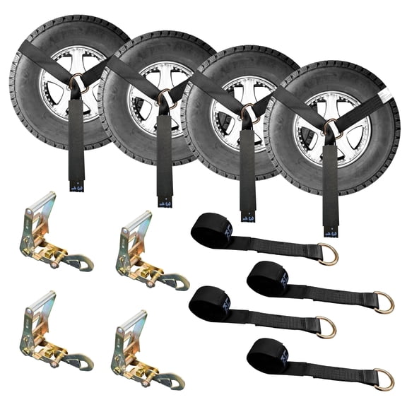 Mega Cargo Control Adjustable Car Tie Downs D-Ring With Ratchet Snap Hooks, 4 Pack, Black