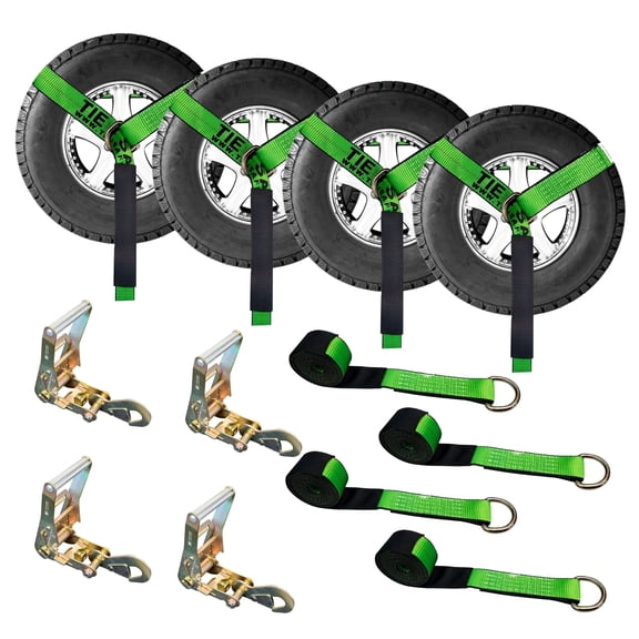 Mega Cargo Control Adjustable Car Tie Downs D-Ring With Ratchet Snap Hooks, 4 Pack, Green