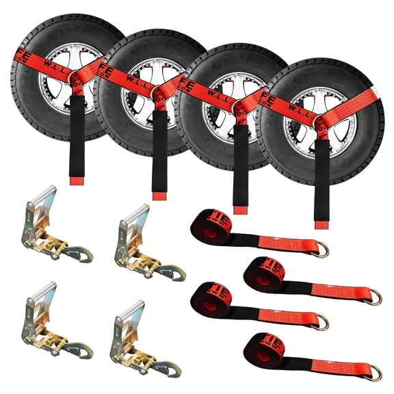 Mega Cargo Control Adjustable Car Tie Downs O-Ring With Ratchet Snap Hooks, 4 Pack, Red