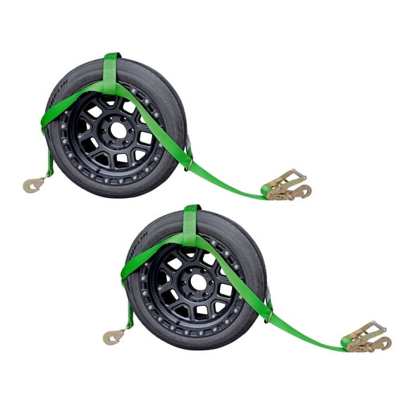 Mega Cargo Control Adjustable Tow Dolly Tie-Down, Tire Bonnet Ratchet Straps W/Twisted Snap Hooks - Fits Wheels 15" - 19",Green, 2 pack