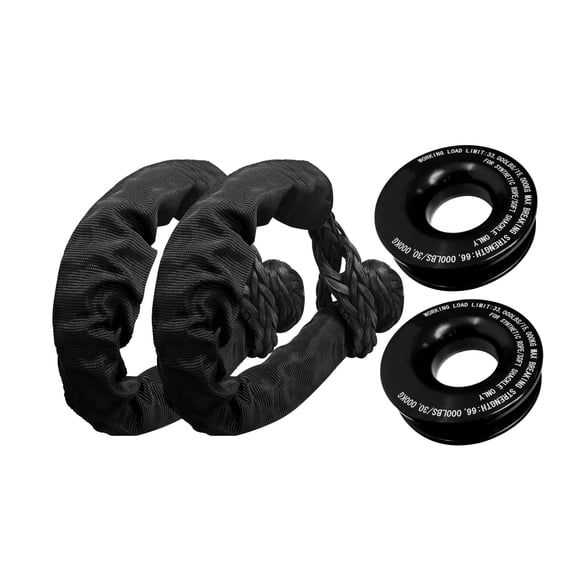 Mega Cargo Control Recovery Ring & 1/2" x 22" Synthetic Soft Shackles, Snatch Recovery for Winch Rope, Towing, Vehicle - Black