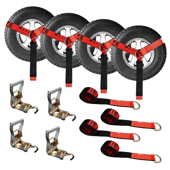 Mega Cargo Control Side Mount Wheel Net Straps with J Hook Ratchet Buckles, 2" x 10' D-Ring Lasso Strap, 4 Pack, Red