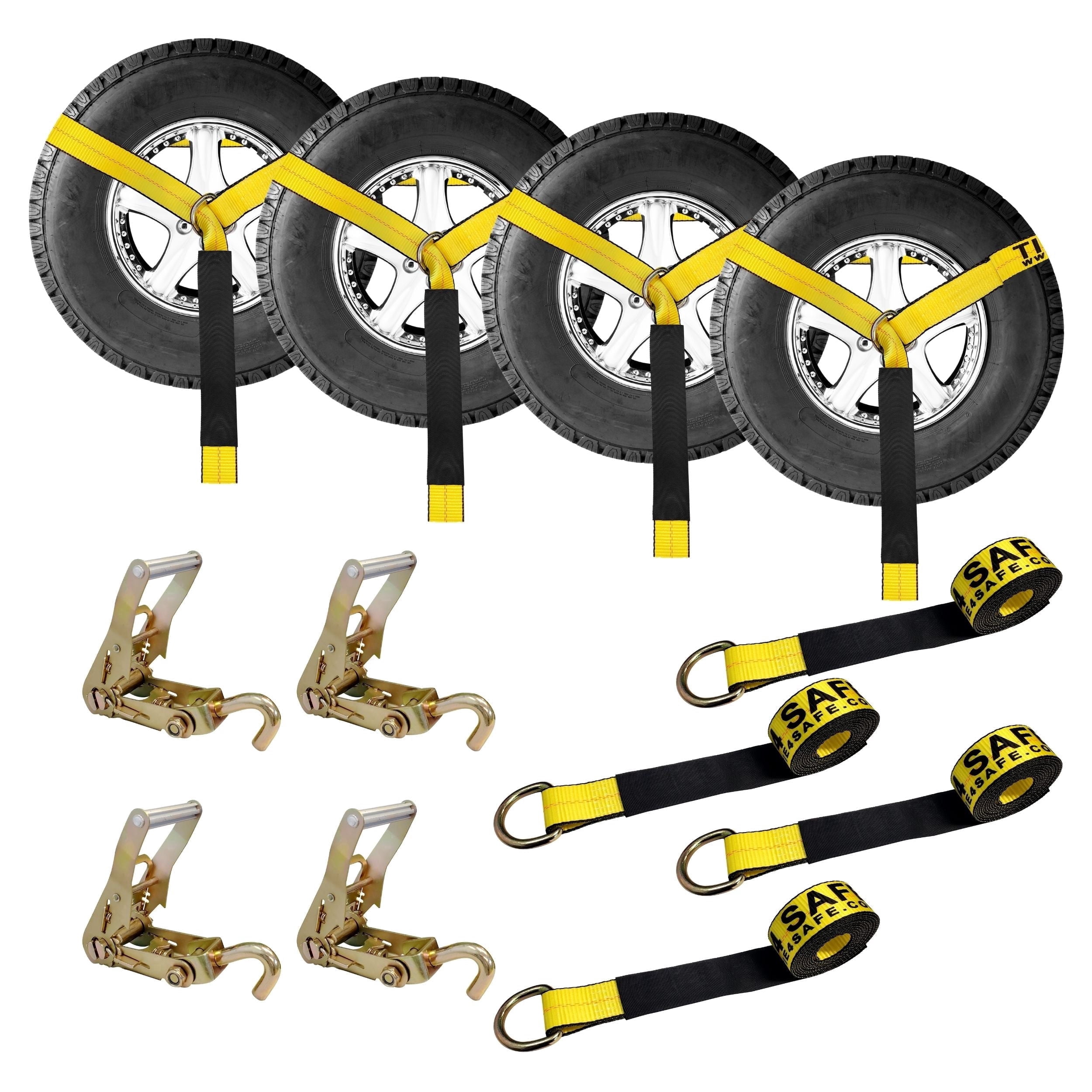 Mega Cargo Control Side Mount Wheel Net Straps with Swivel J Hook Ratchet Buckles, 2" x 10' D-Ring Lasso Strap, 4 Pack, Yellow