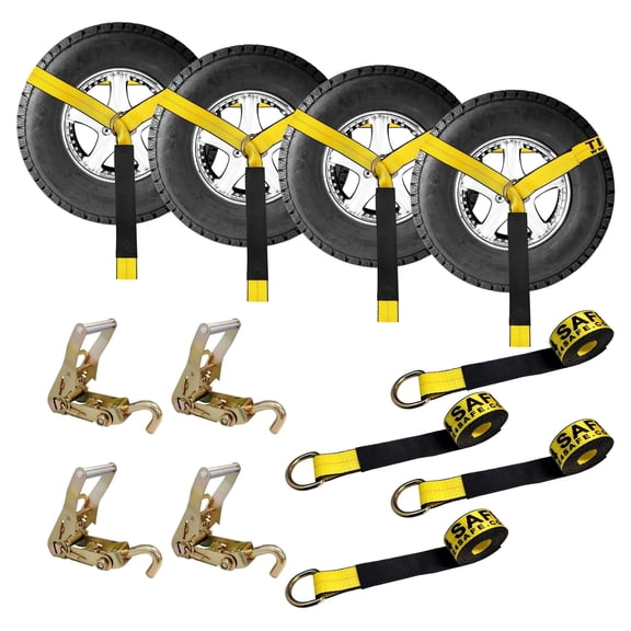Mega Cargo Control Side Mount Wheel Net Straps with Swivel J Hook Ratchet Buckles, 2" x 10' D-Ring Lasso Strap, 4 Pack, Yellow
