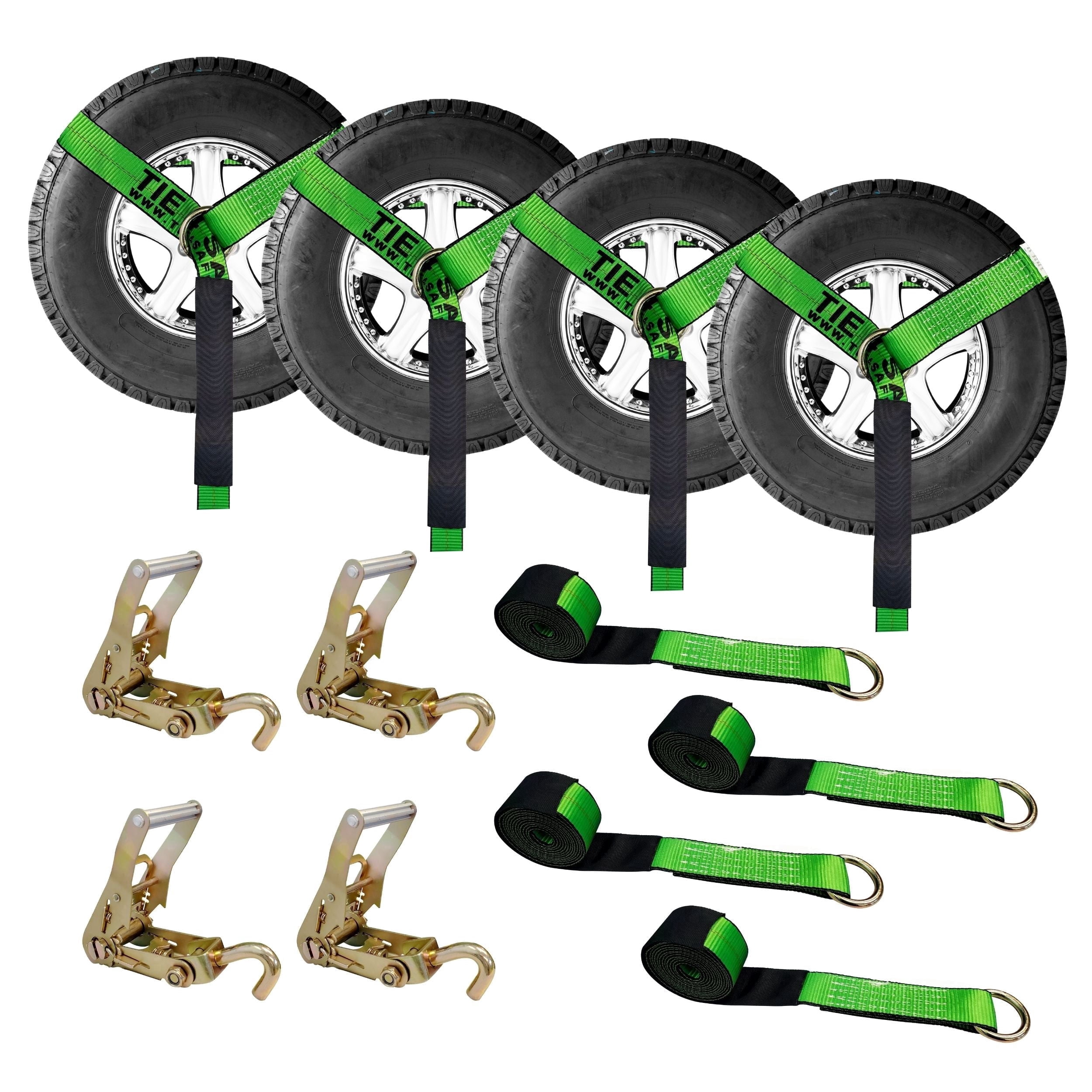Mega Cargo Control Side Mount Wheel Net Straps with Swivel J Hook Ratchet Buckles, 2" x 10' O-Ring Lasso Strap, 4 Pack, Green