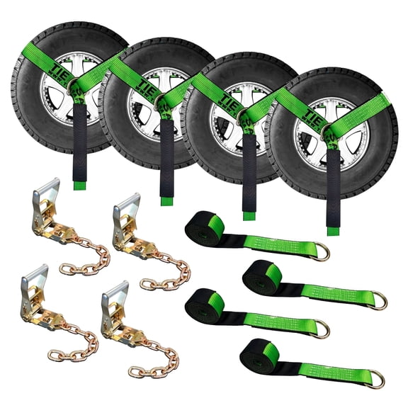 Mega Cargo Control Side Mount Wheel Nets 2" x 10' O-Ring Lasso Strap With Ratchet & Chain Extensions, 4 Pack, Green