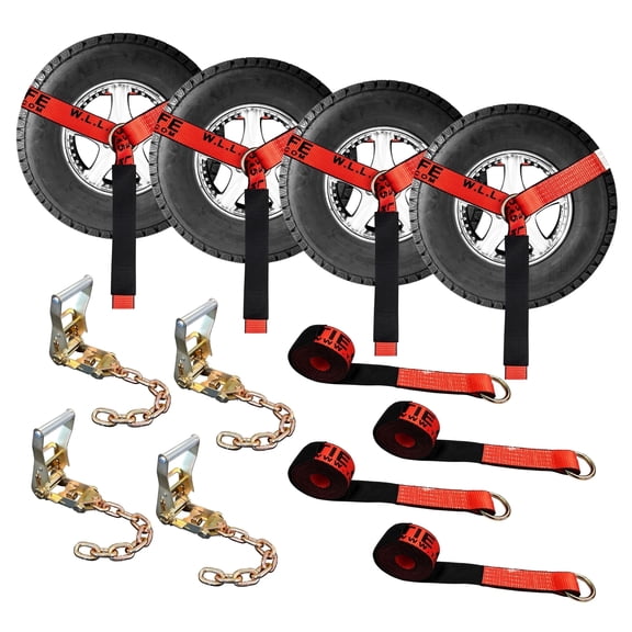 Mega Cargo Control Side Mount Wheel Nets 2" x 10' O-Ring Lasso Strap With Ratchet & Chain Extensions, 4 Pack, Red