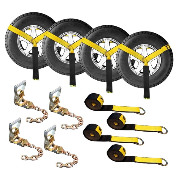Mega Cargo Control Side Mount Wheel Nets 2" x 10' O-Ring Lasso Strap With Ratchet & Chain Extensions, 4 Pack, Yellow