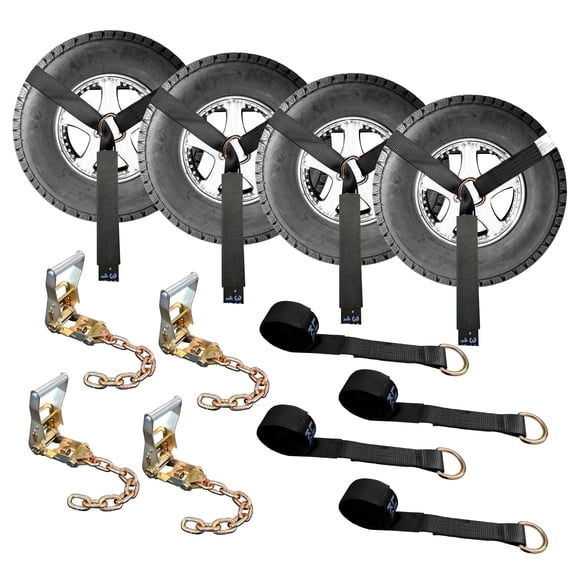Mega Cargo Control Side Mount Wheel Nets D-Ring Lasso Strap With Ratchet & Chain Extensions, 4 Pack, Black