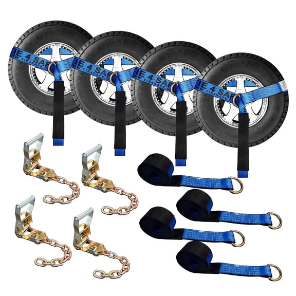 Mega Cargo Control Side Mount Wheel Nets D-Ring Lasso Strap With Ratchet & Chain Extensions, 4 Pack, Blue