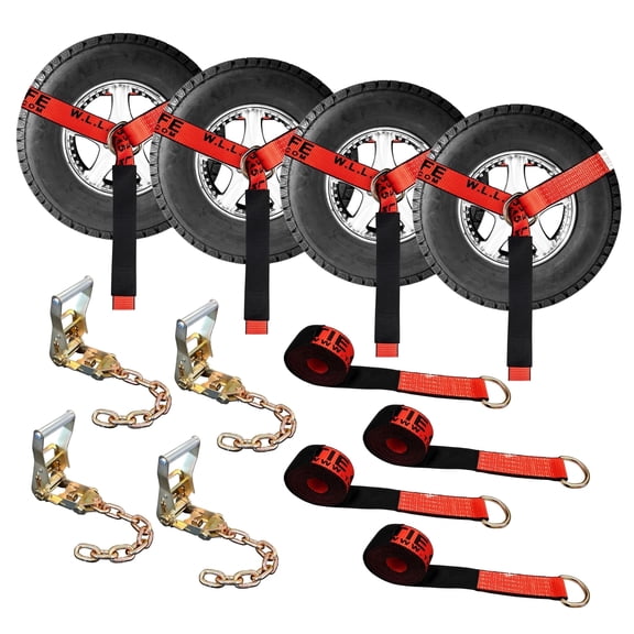 Mega Cargo Control Side Mount Wheel Nets D-Ring Lasso Strap With Ratchet & Chain Extensions, 4 Pack, Red
