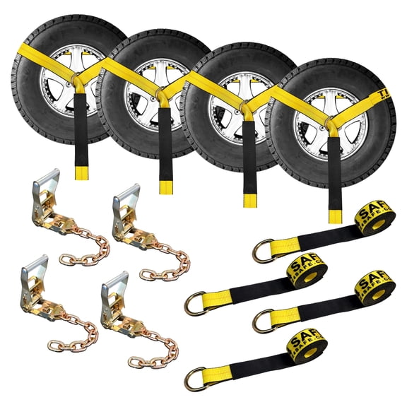 Mega Cargo Control Side Mount Wheel Nets D-Ring Lasso Strap With Ratchet & Chain Extensions, 4 Pack, Yellow