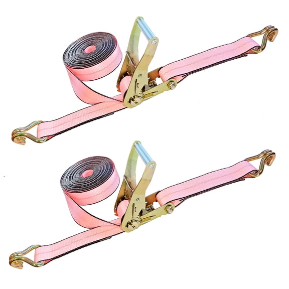 Mega Cargo Control USA 2 Pack Heavy Duty 2" x 30' Ratchet Tie Down Strap W/ Wire J Hook WLL: 3333 lbs Pink