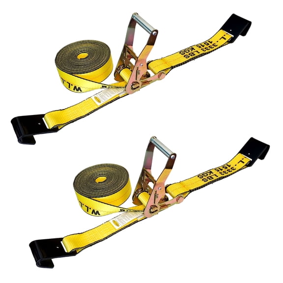 Mega Cargo Control USA 2 pack Heavy Duty 2" x 60' Ratchet Strap Flat Hook Flatbed Truck Farm Tie Down, 3333 lbs Wll, Yellow